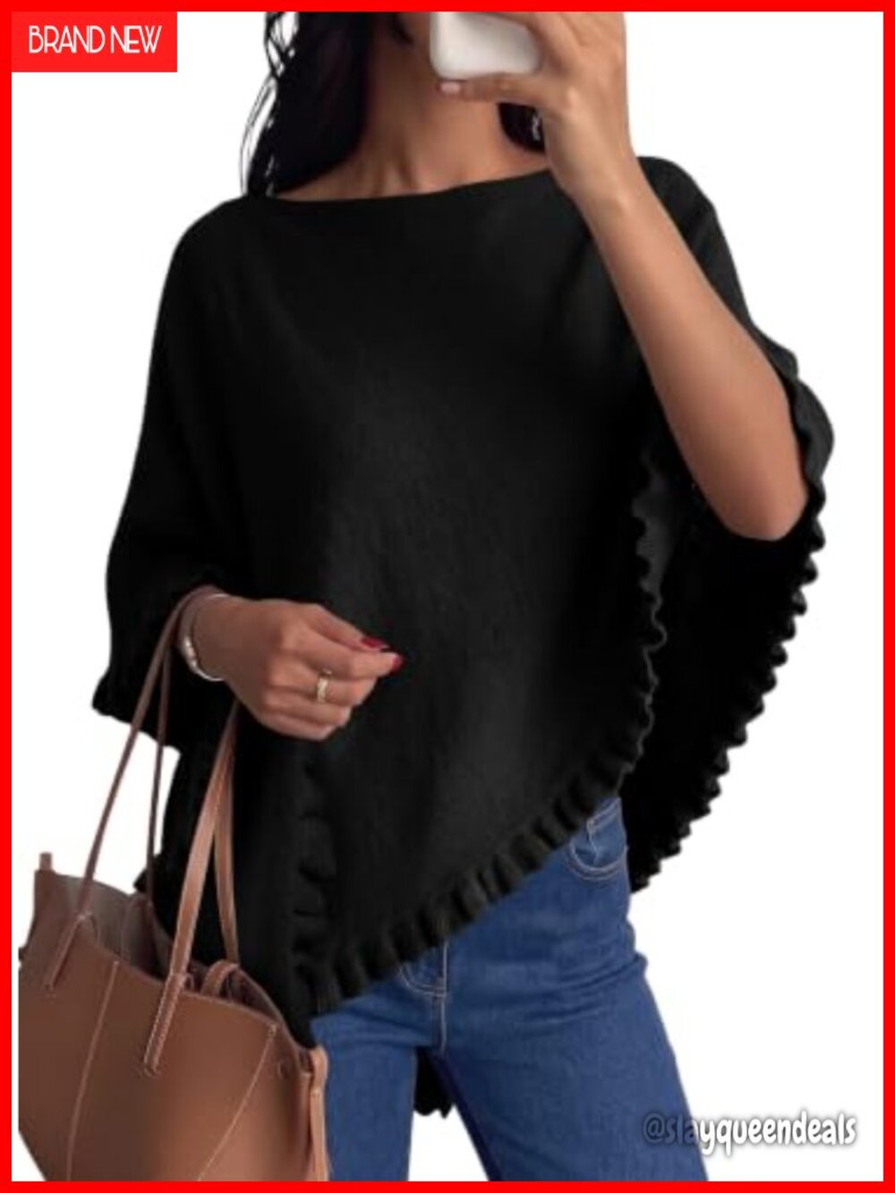 Wool Blend Knit Poncho Sweater Ruffle Hem Boat Neck Pullover